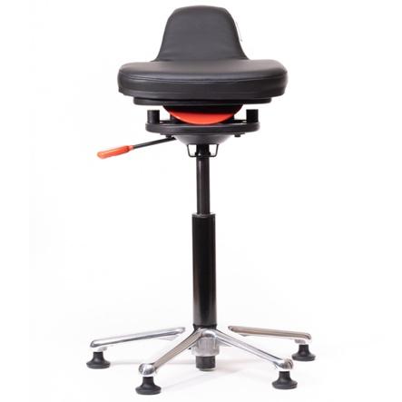 A black stool with an orange handle on top of it.